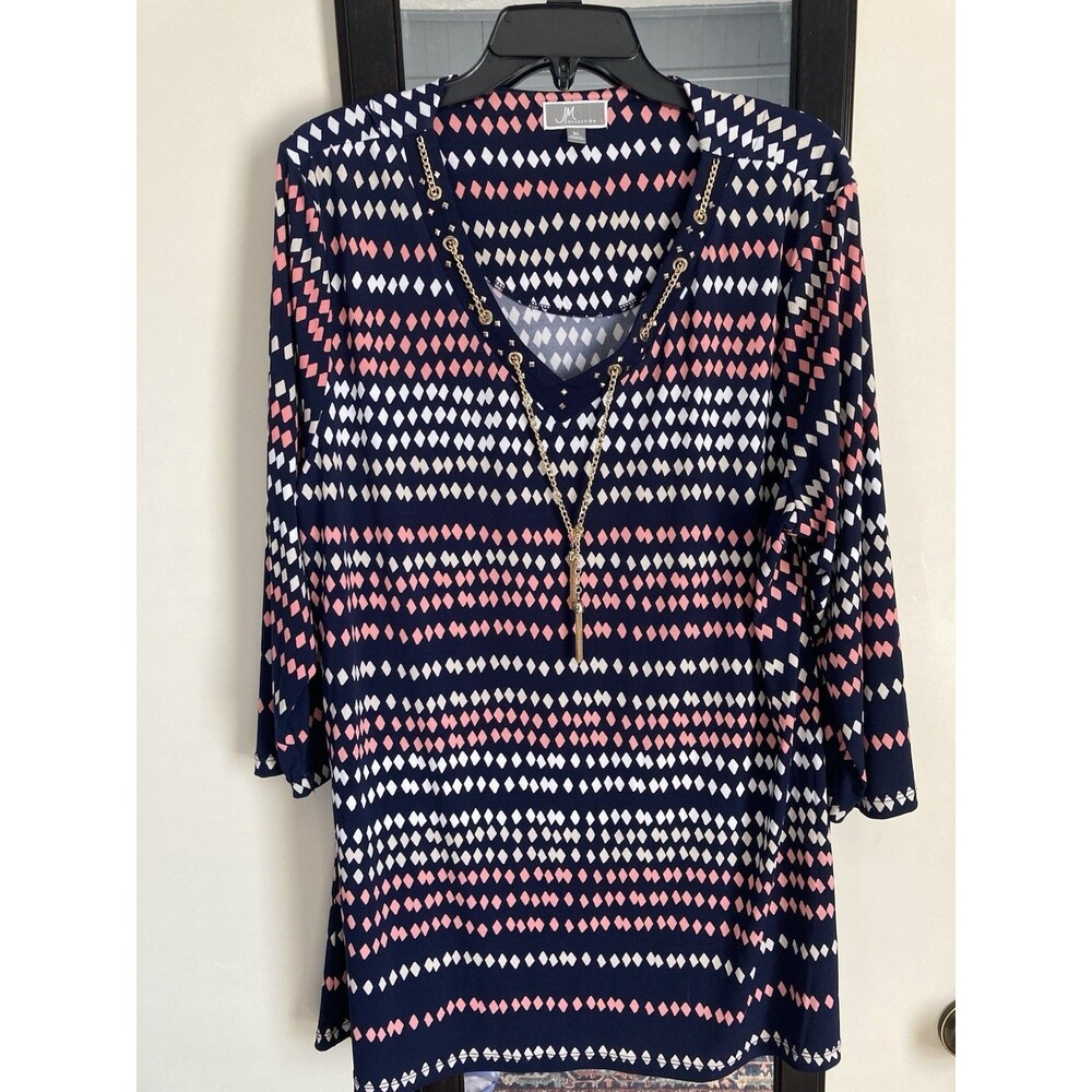 JM COLLECTION XL Blue Long Tunic Top Gold Chain Hardware Tassels V Neck Stretch